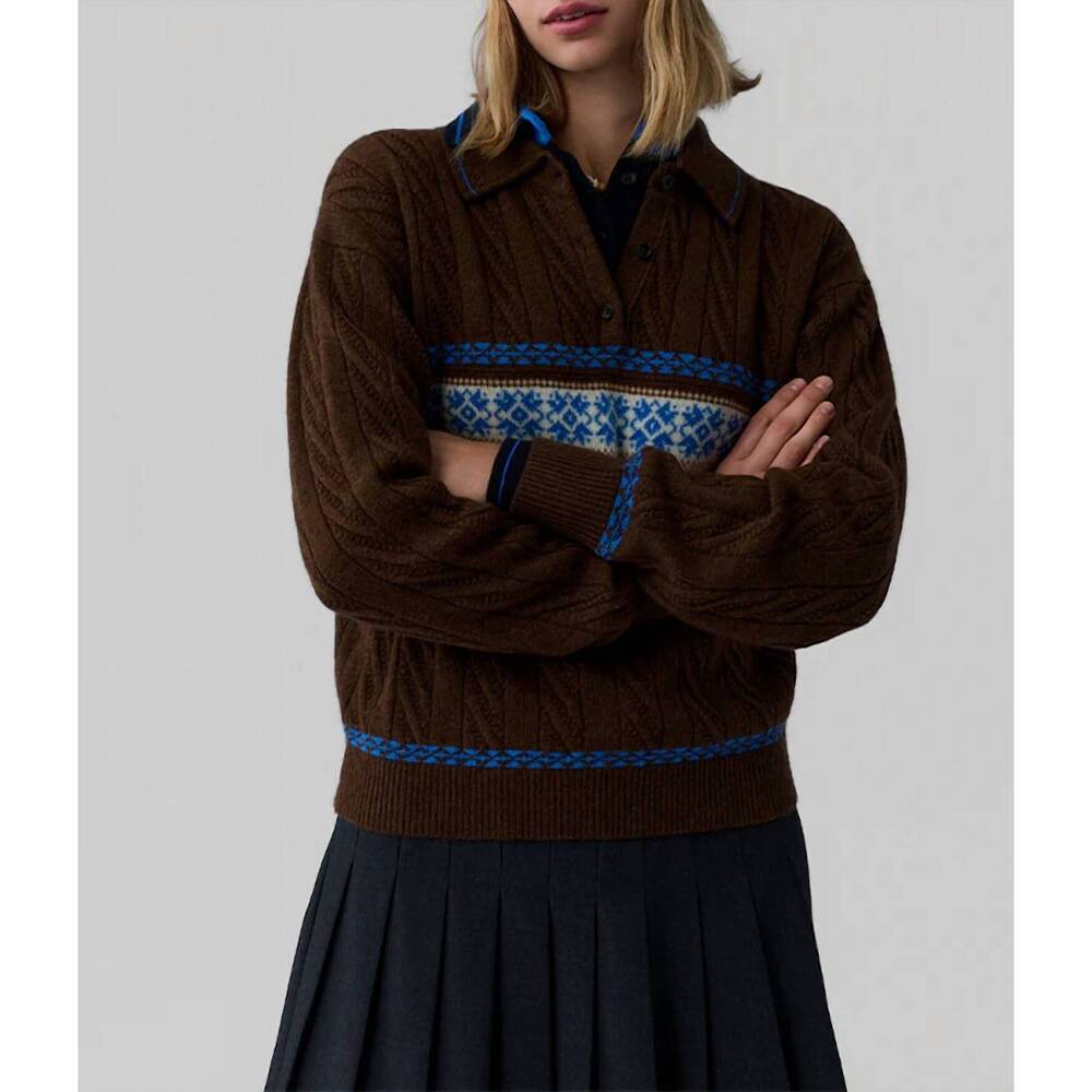 NEW GUEST IN RESIDENCE cable collegiate polo sweater in chestnut combo - Picture 4 of 4